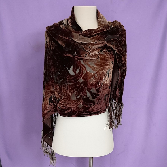 Vintage Accessories - Vtg Silk Velvet Burnout Piano Shawl Scarf Brown Ombre Bohemian Witchy Victorian